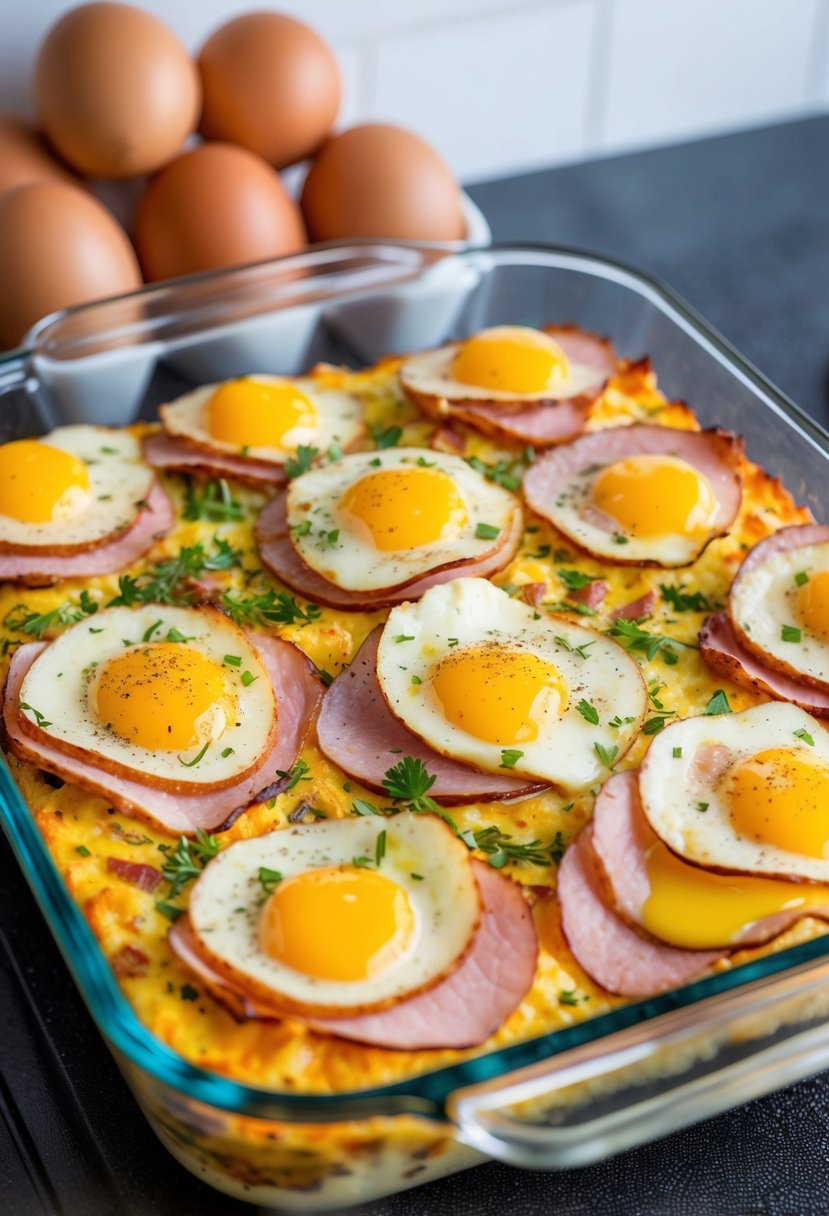 A colorful breakfast casserole with layers of sliced ham and beaten eggs, sprinkled with herbs and spices, baking in a glass dish in the oven