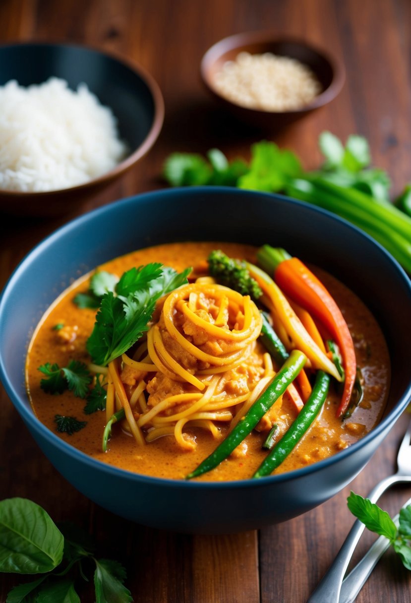 A steaming bowl of red curry coconut noodles with vibrant vegetables and a swirl of rich, aromatic sauce