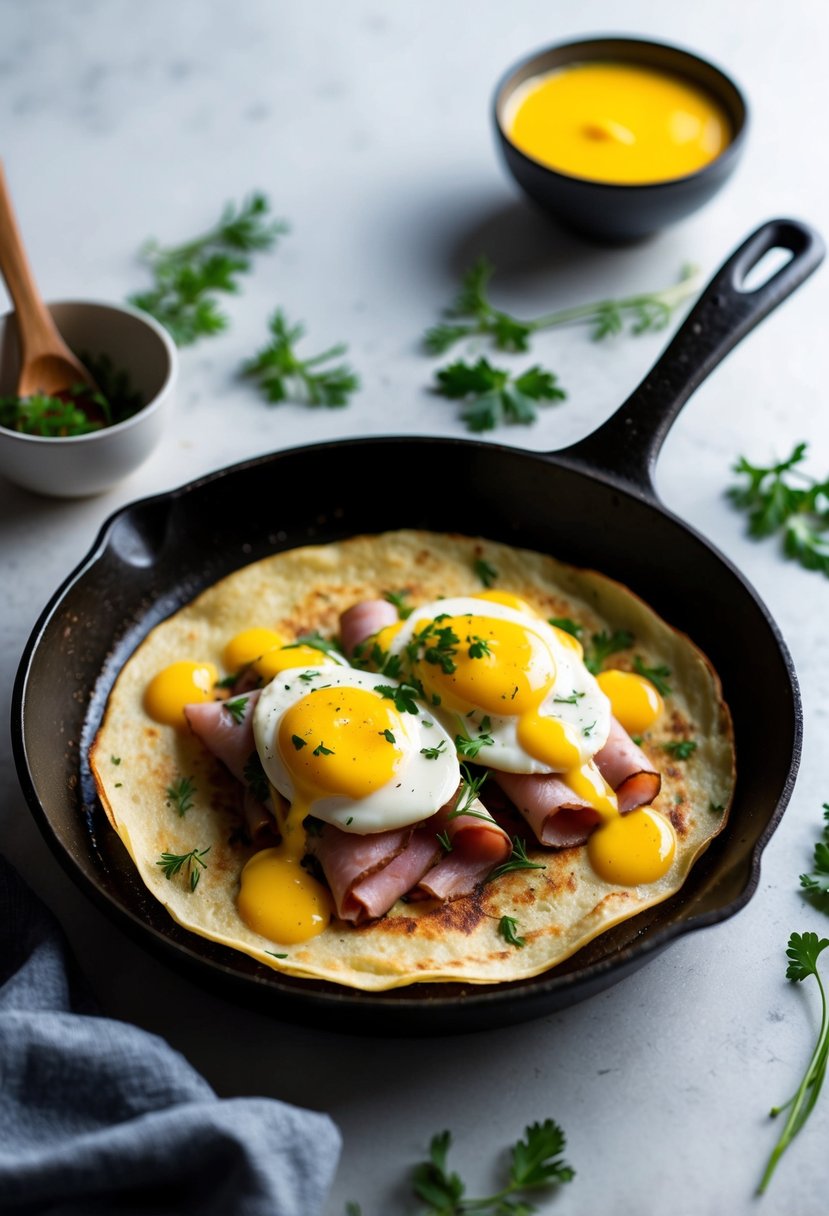 A sizzling skillet with thin crepes filled with savory ham and eggs, surrounded by fresh herbs and a drizzle of hollandaise sauce