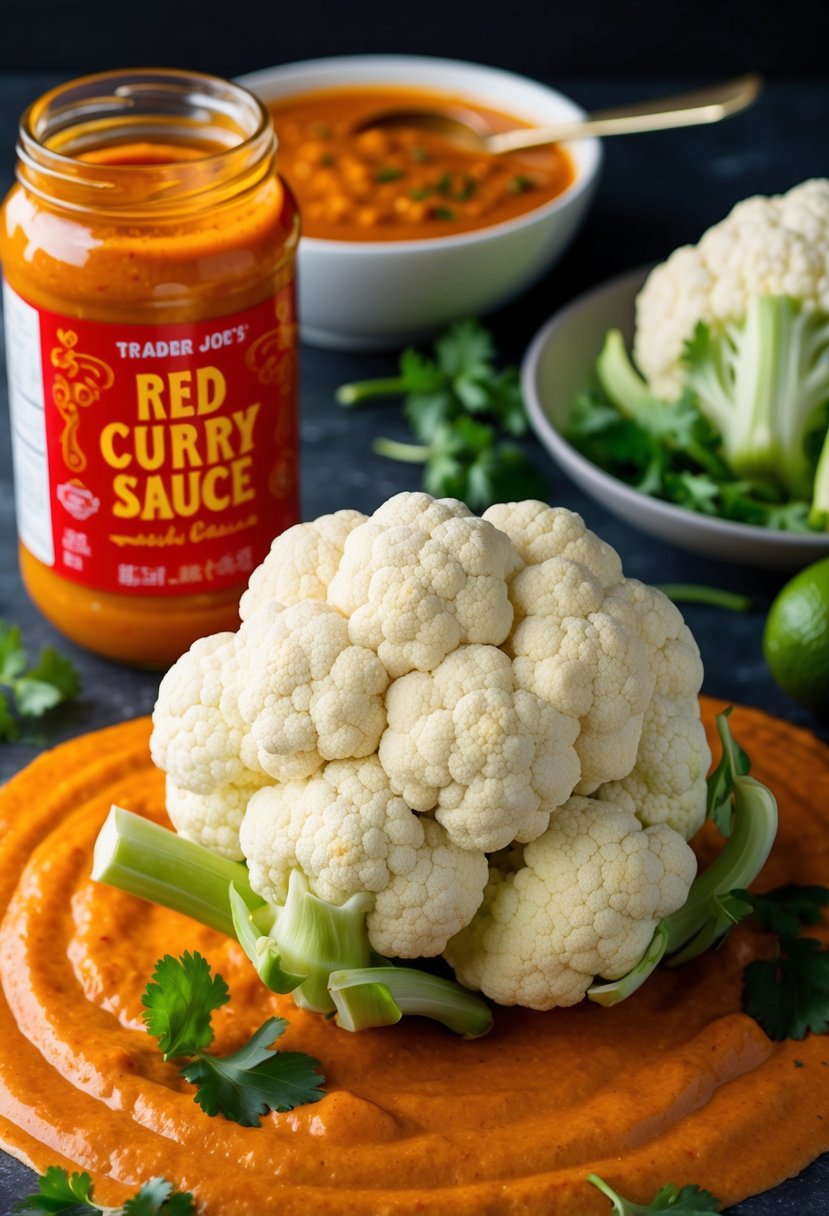 A cauliflower head surrounded by vibrant red curry sauce, with a jar of Trader Joe's red curry sauce in the background