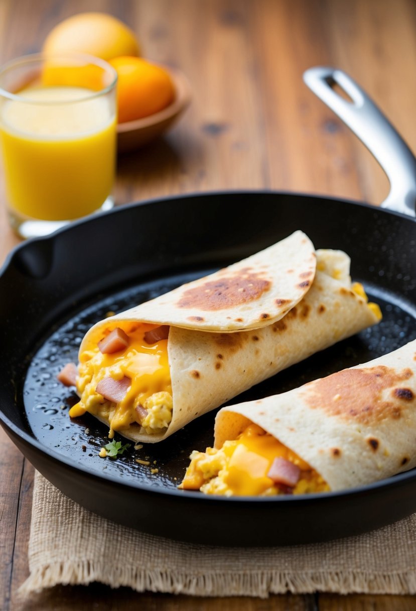 A sizzling skillet holds a golden-brown breakfast burrito, filled with scrambled eggs, diced ham, and melted cheese, ready to be enjoyed