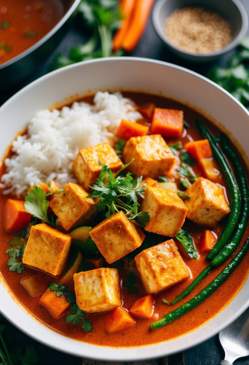 A steaming bowl of spicy red curry tofu with vibrant red sauce and chunks of tofu, surrounded by colorful vegetables and fragrant herbs