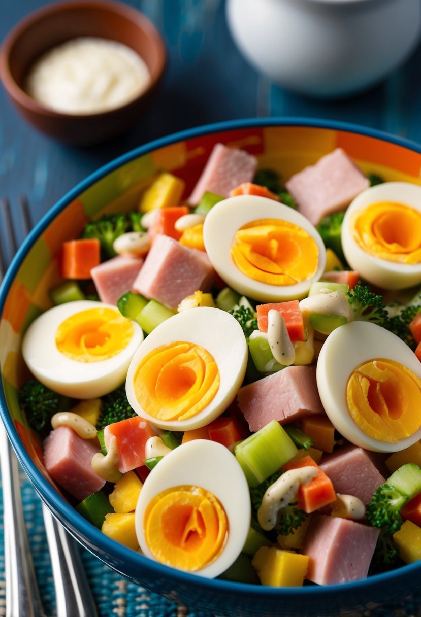 A colorful bowl filled with diced ham, hard-boiled eggs, and fresh vegetables, all mixed together with a creamy dressing