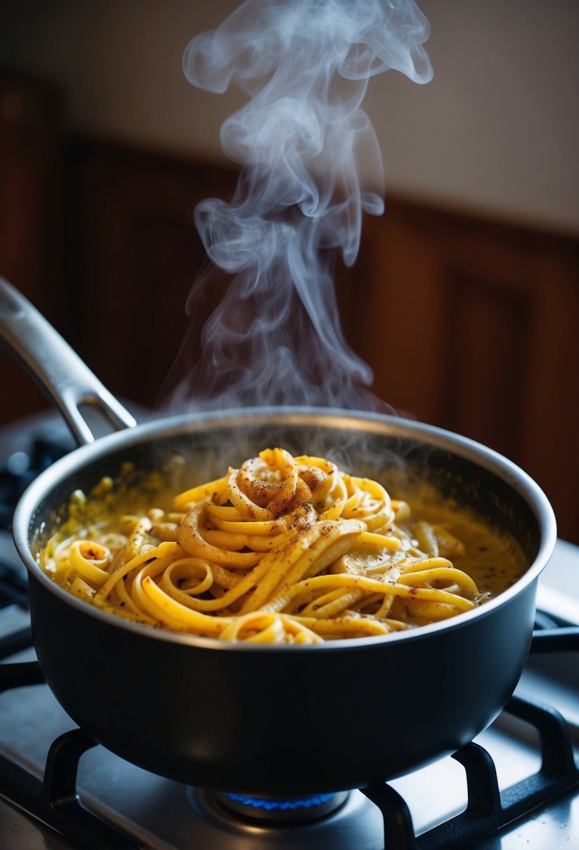 A pot of creamy red curry pasta simmers on a stovetop, with steam rising and the rich aroma of spices filling the air