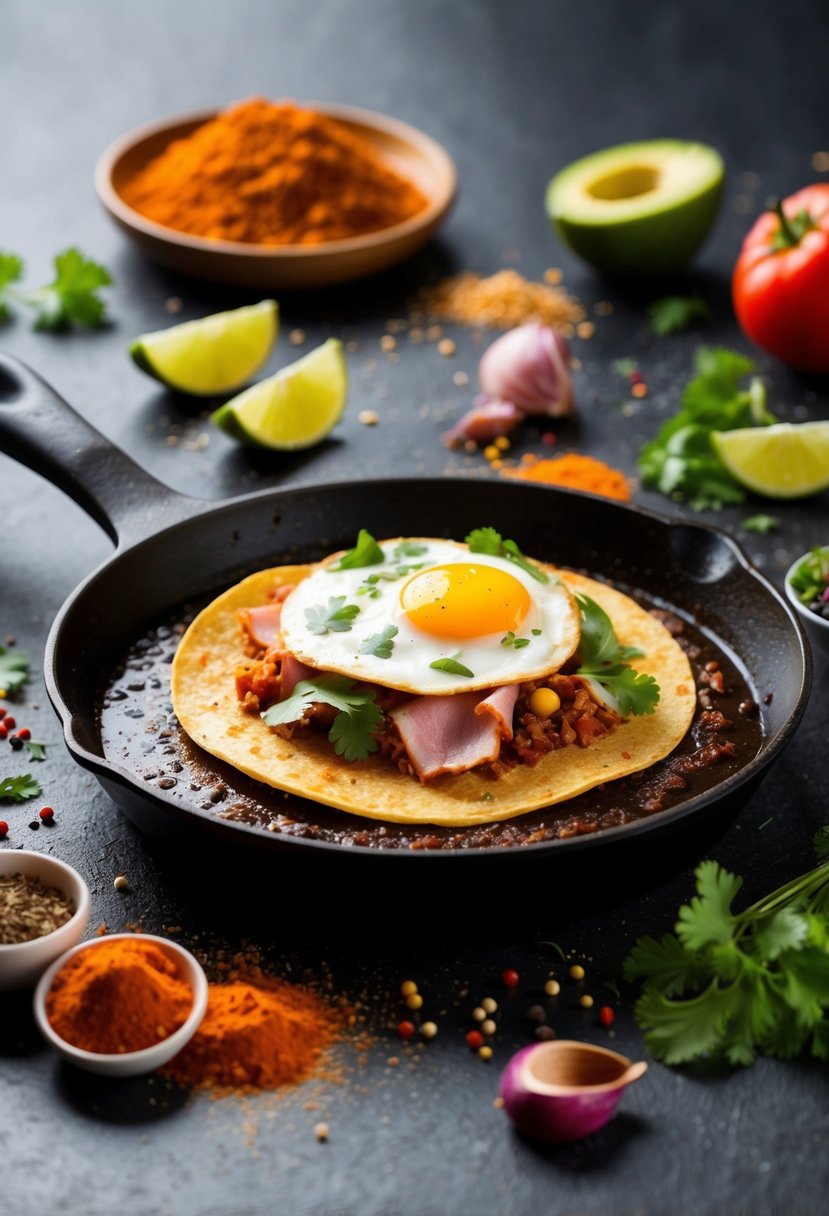 A sizzling skillet with a spicy egg and ham taco, surrounded by scattered ingredients and a colorful array of spices