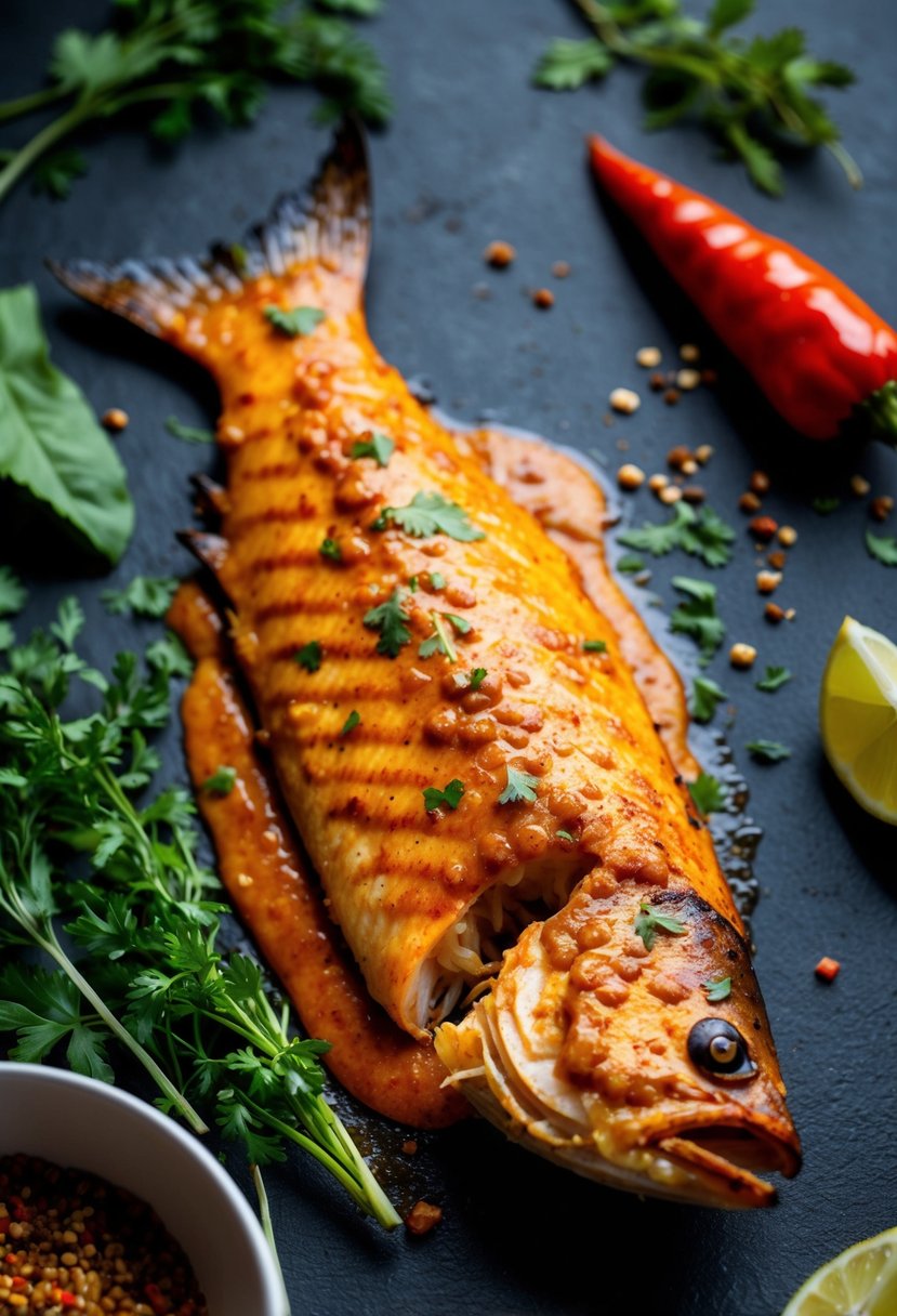 A piece of grilled fish coated in rich red curry sauce, surrounded by aromatic herbs and spices