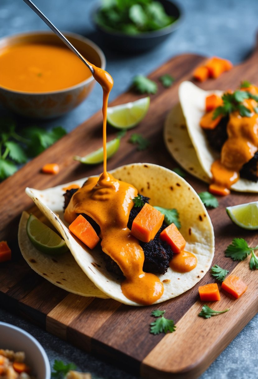 A vibrant red curry sauce drizzled over jackfruit tacos, with colorful ingredients scattered around on a wooden cutting board