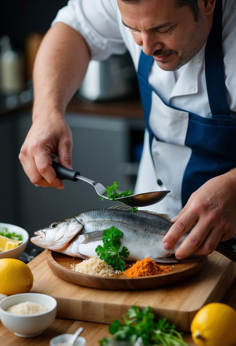 A kingklip fish being prepared with various ingredients and cooking techniques for a recipe illustration