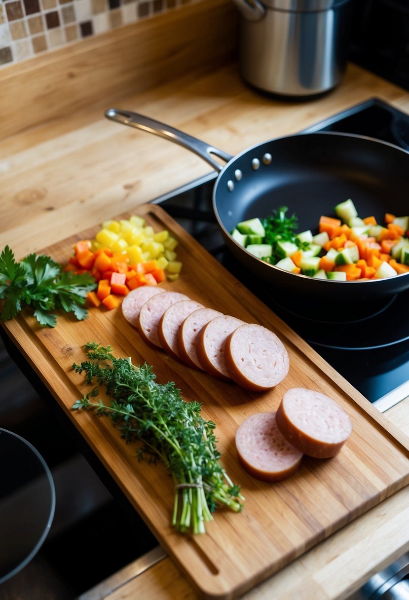 A cutting board with sliced sausage, diced vegetables, and herbs next to a frying pan on a stovetop