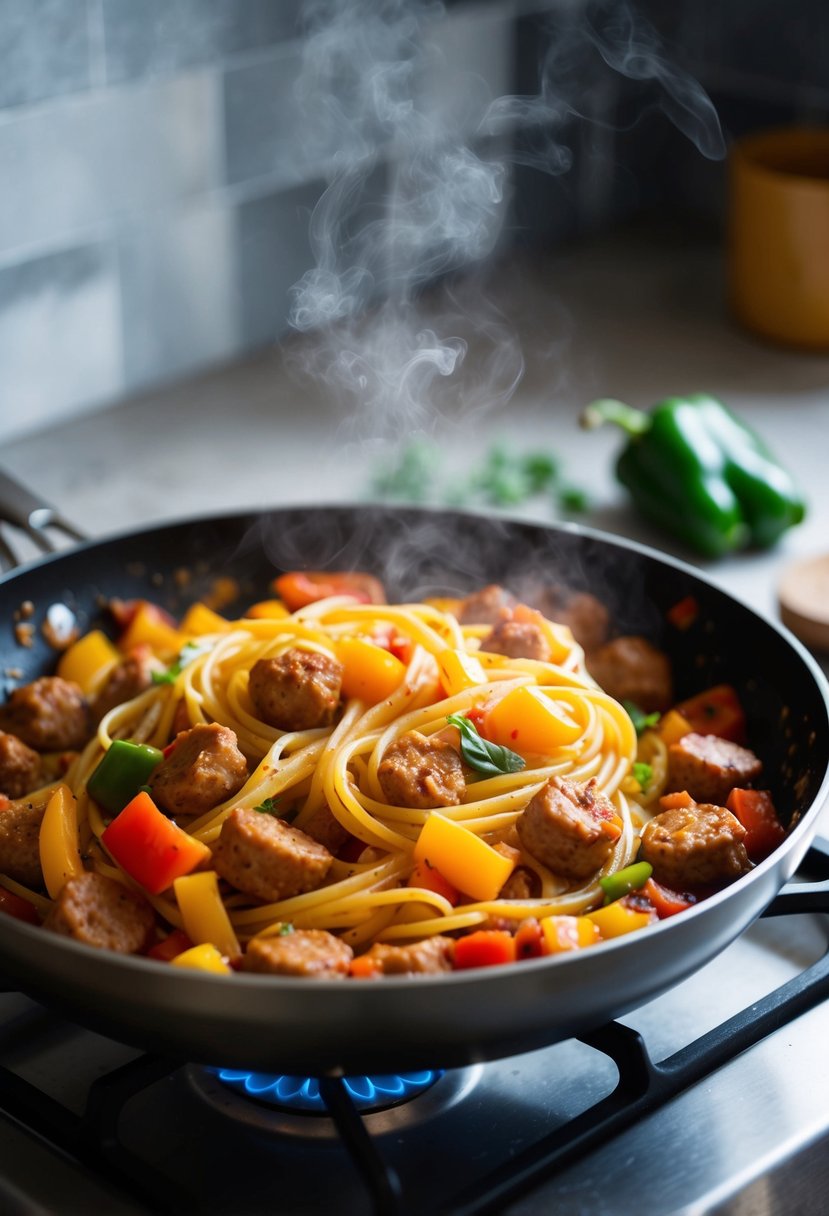 A steaming skillet of sausage and pepper pasta sizzling on the stove, with colorful chunks of bell peppers and savory sausage mixed throughout