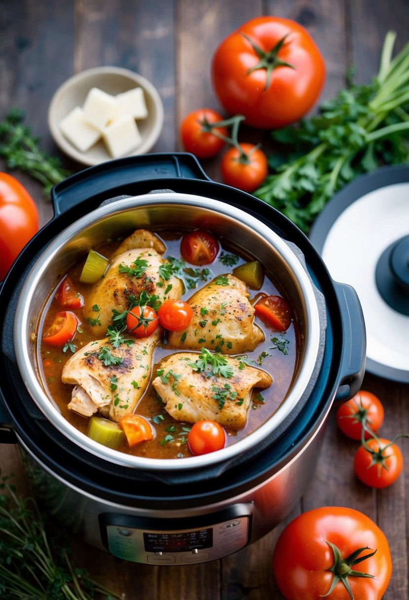 A steaming bowl of Tuscan chicken stew simmers in an Instant Pot, surrounded by fresh herbs, tomatoes, and colorful vegetables