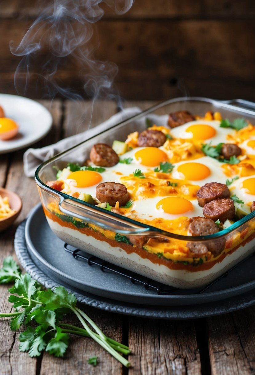 A steaming casserole dish filled with layers of eggs, sausage, cheese, and vegetables, sitting on a rustic wooden table