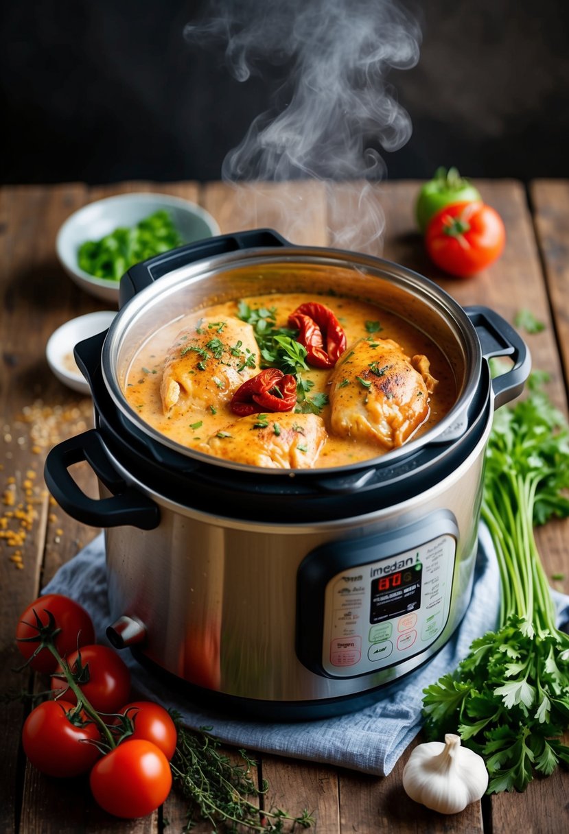 A steaming instant pot filled with creamy sun-dried tomato chicken, surrounded by fresh herbs and colorful vegetables on a rustic wooden table