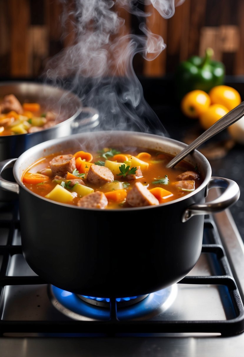 A pot of spicy Italian sausage soup simmers on the stove, steam rising and filling the kitchen with savory aromas. Chopped vegetables and chunks of sausage float in the rich, flavorful broth