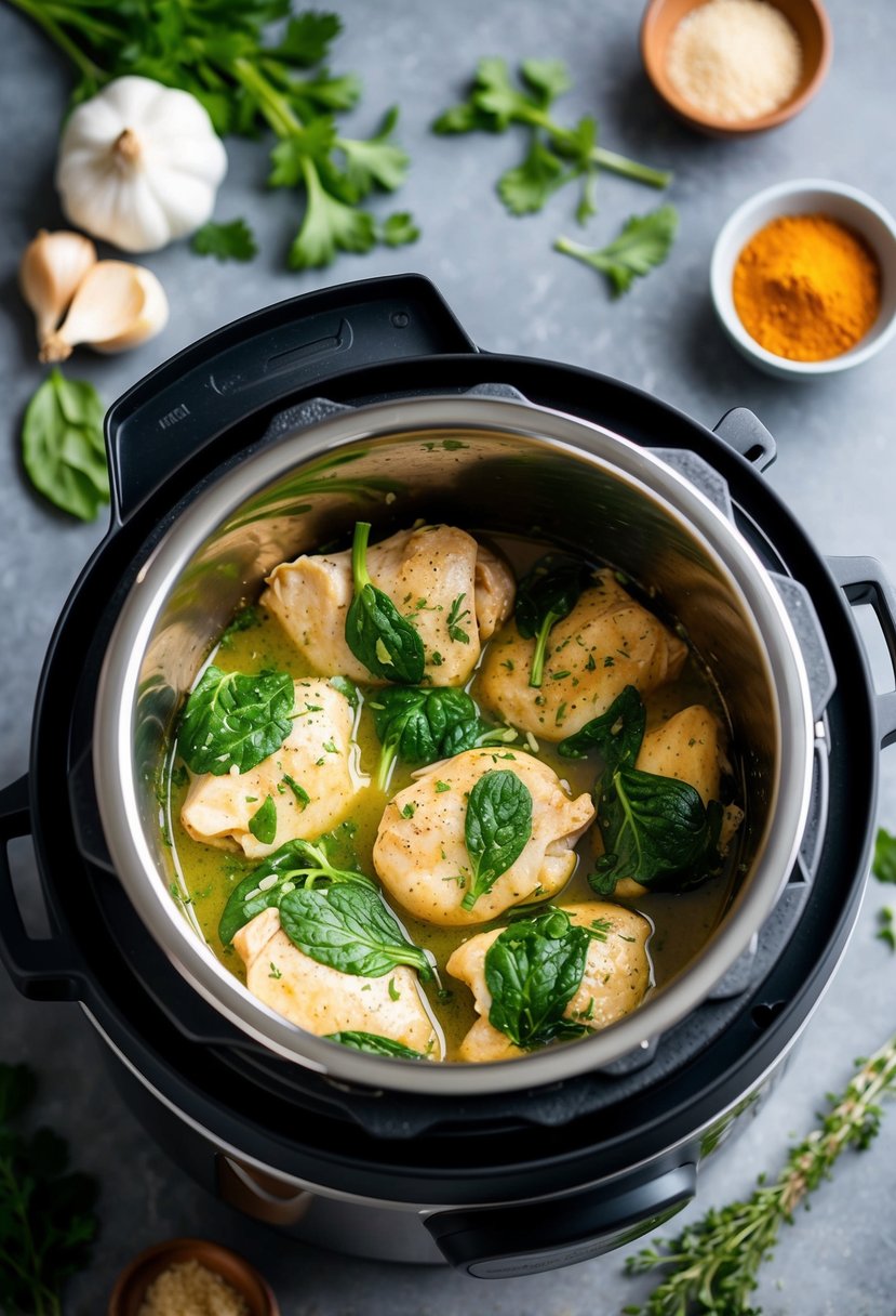 A steaming instant pot filled with garlic parmesan spinach chicken, surrounded by fresh herbs and spices