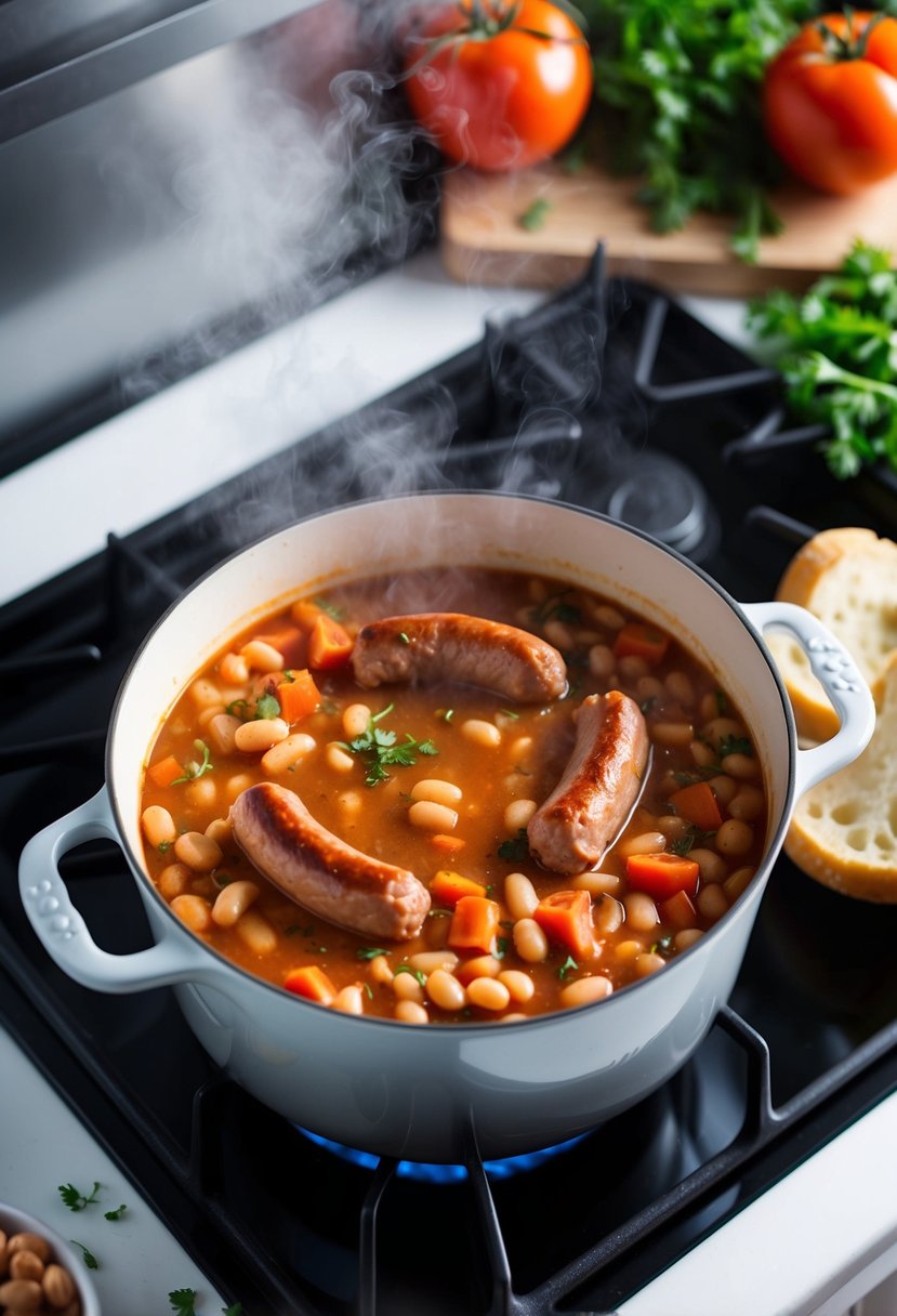 A pot of simmering sausage and bean stew on a stovetop, steam rising. Ingredients like tomatoes, beans, and herbs scattered nearby