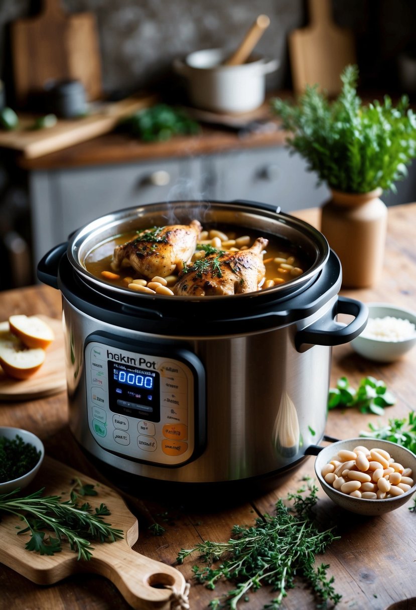 A rustic kitchen with a bubbling instant pot, filled with Tuscan chicken and white beans. A wooden table is set with fresh herbs and ingredients