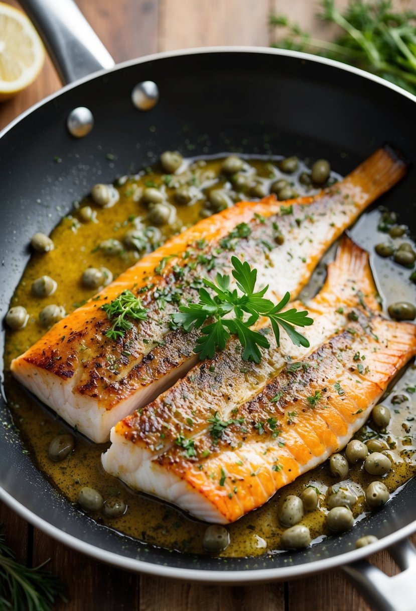 A sizzling kingklip fillet in a hot pan, surrounded by capers and herbs, with a golden sear on the fish