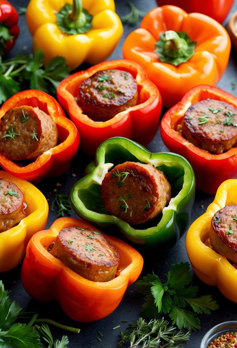 A colorful array of bell peppers, split open and filled with savory sausage, surrounded by fresh herbs and spices