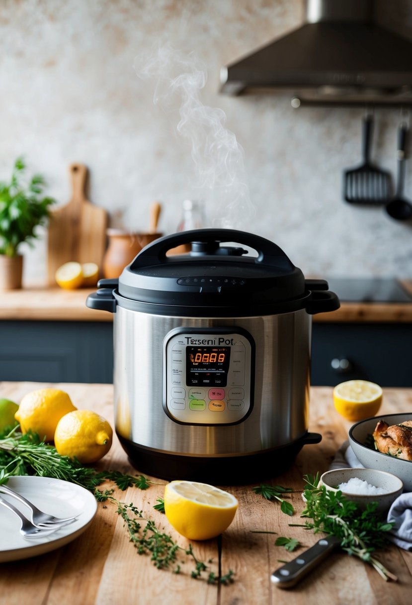 A rustic kitchen with fresh lemons, herbs, and a bubbling instant pot cooking Tuscan chicken