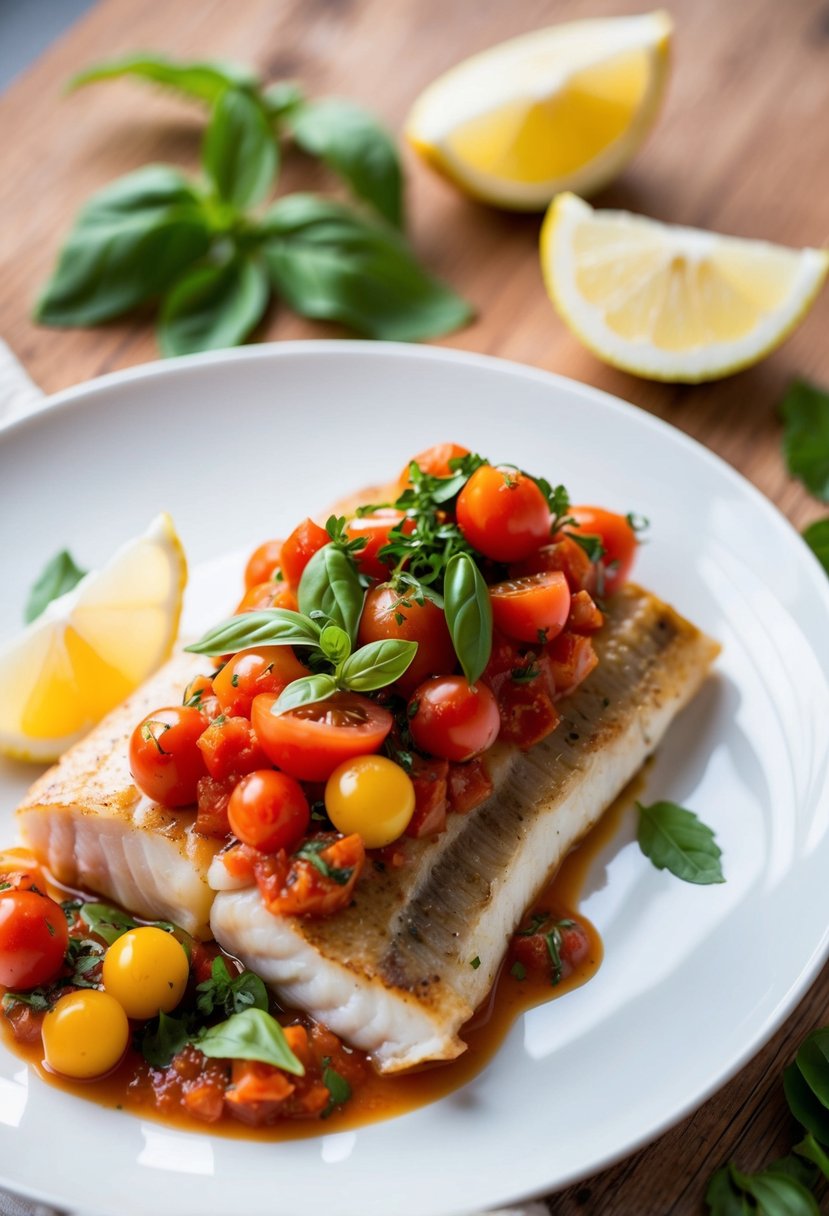 A kingklip fillet topped with a vibrant tomato and basil sauce, served on a white plate with a garnish of fresh herbs and lemon wedges