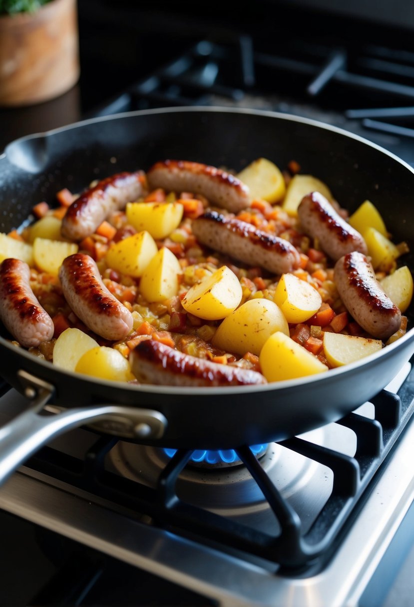 Sizzling sausage and potato skillet on a stovetop