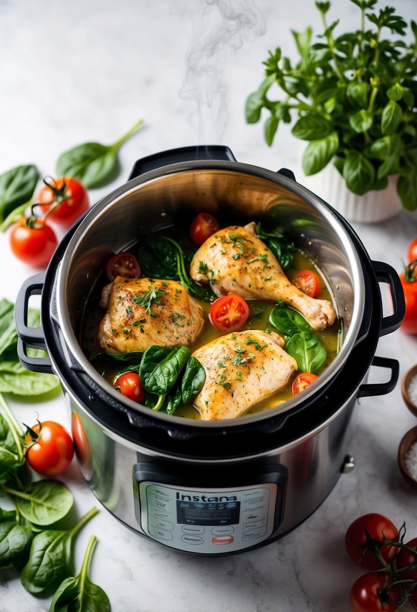 A steaming Instant Pot filled with Tuscan chicken Florentine, surrounded by fresh spinach, tomatoes, and herbs