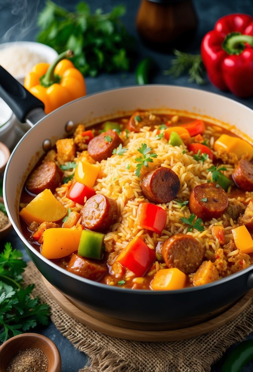 A steaming pot of jambalaya filled with chunks of cajun sausage, colorful bell peppers, and fluffy rice, surrounded by aromatic spices and herbs