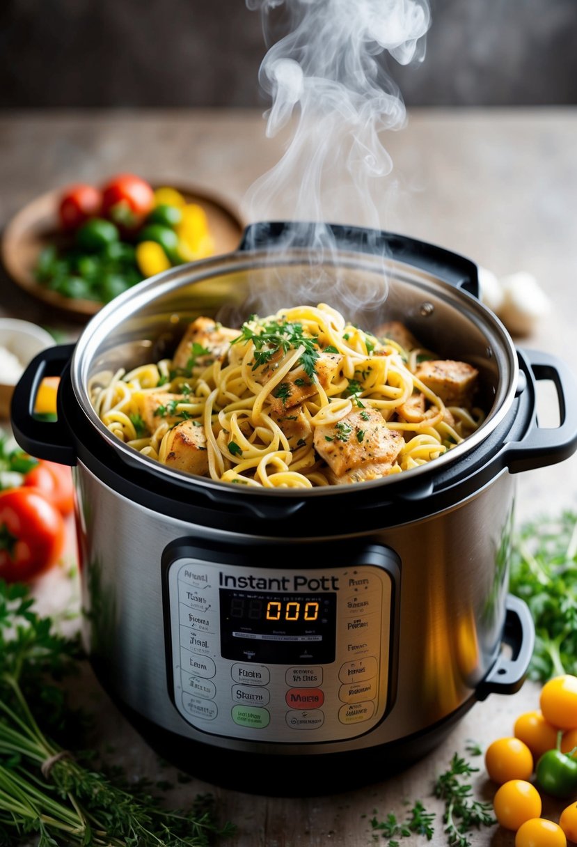 A steaming instant pot filled with Tuscan chicken pasta, surrounded by fresh herbs and a scattering of colorful vegetables