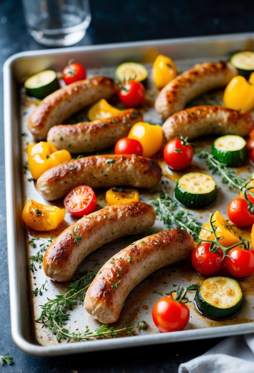 A sheet pan filled with roasted sausages, bell peppers, zucchini, and cherry tomatoes, seasoned with herbs and spices