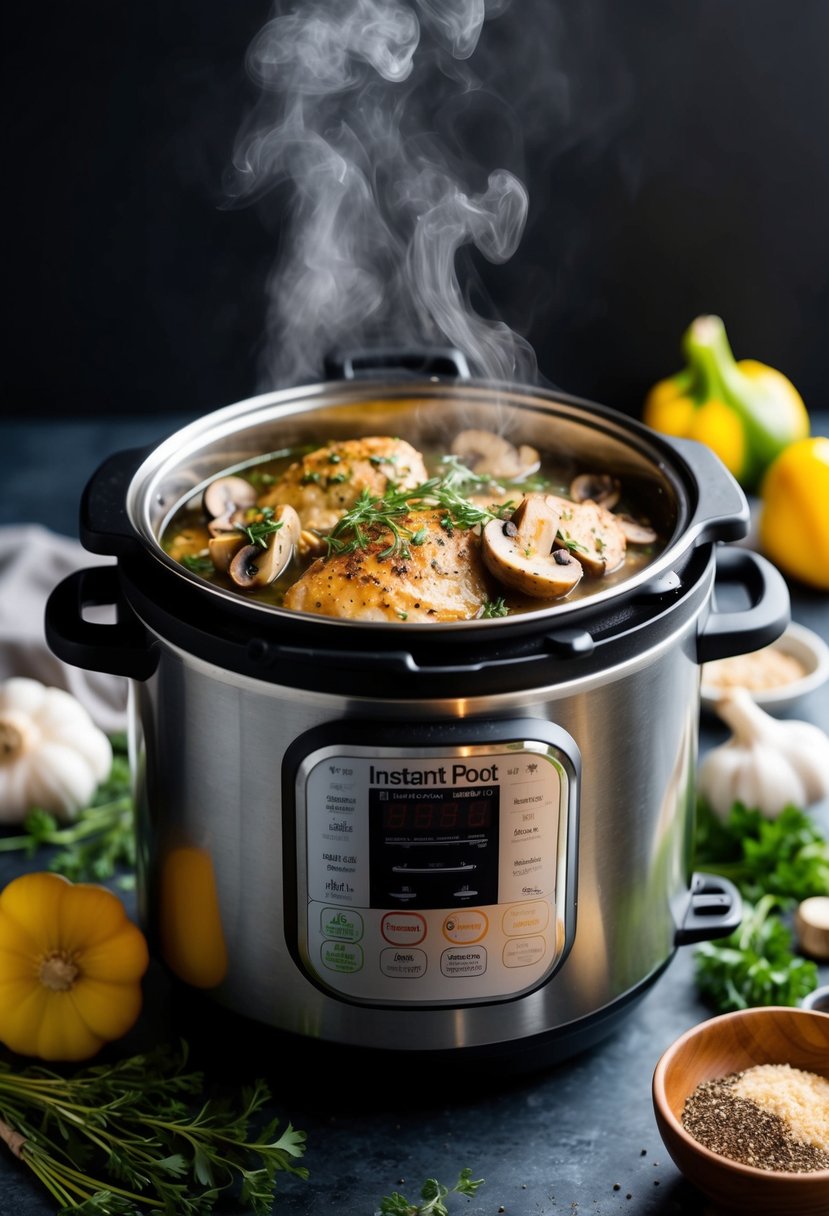 A steaming instant pot filled with Mushroom Garlic Tuscan Chicken, surrounded by fresh herbs and spices