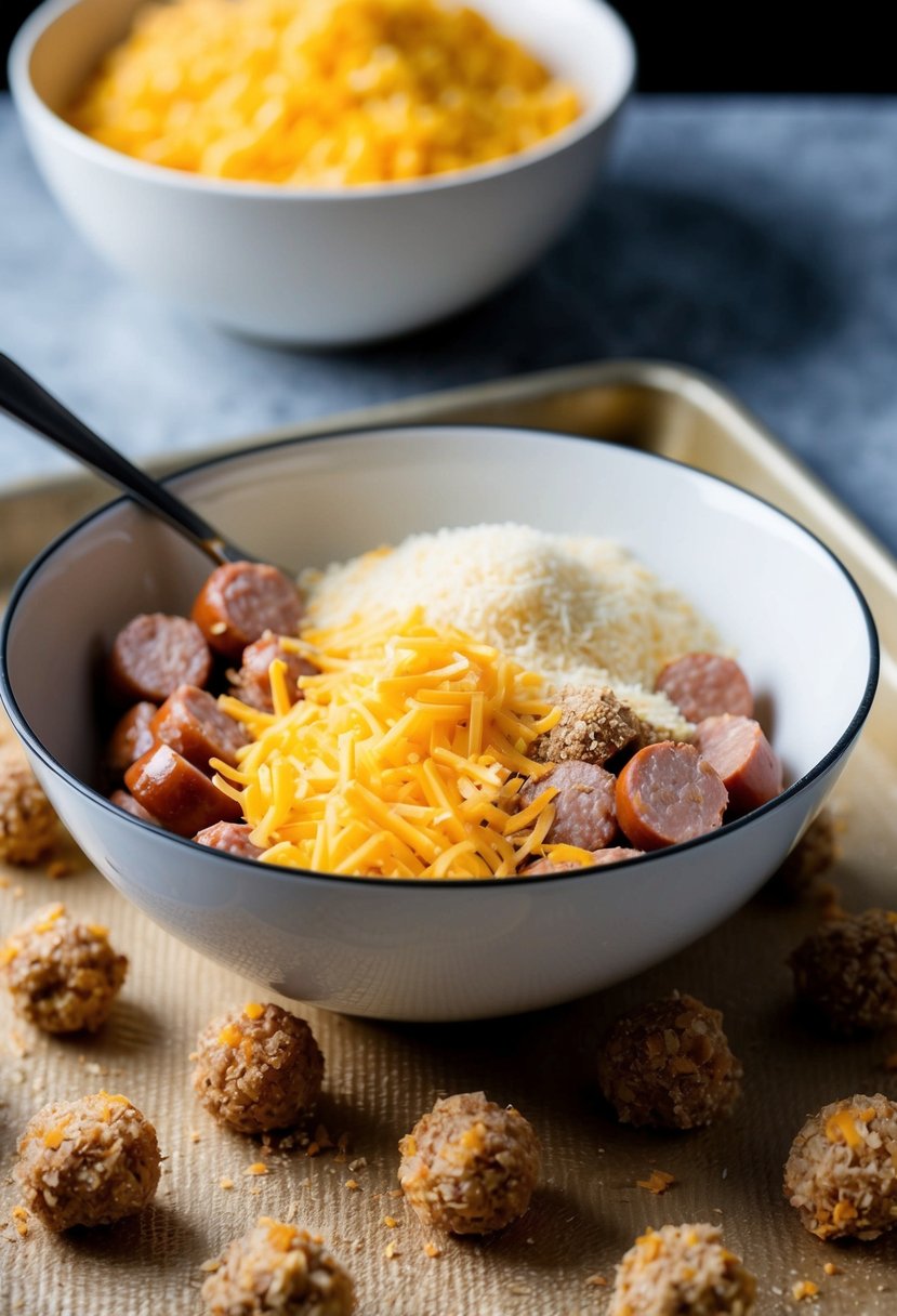 A mixing bowl filled with sausage, cheese, and breadcrumbs. Ingredients being rolled into small balls on a baking sheet