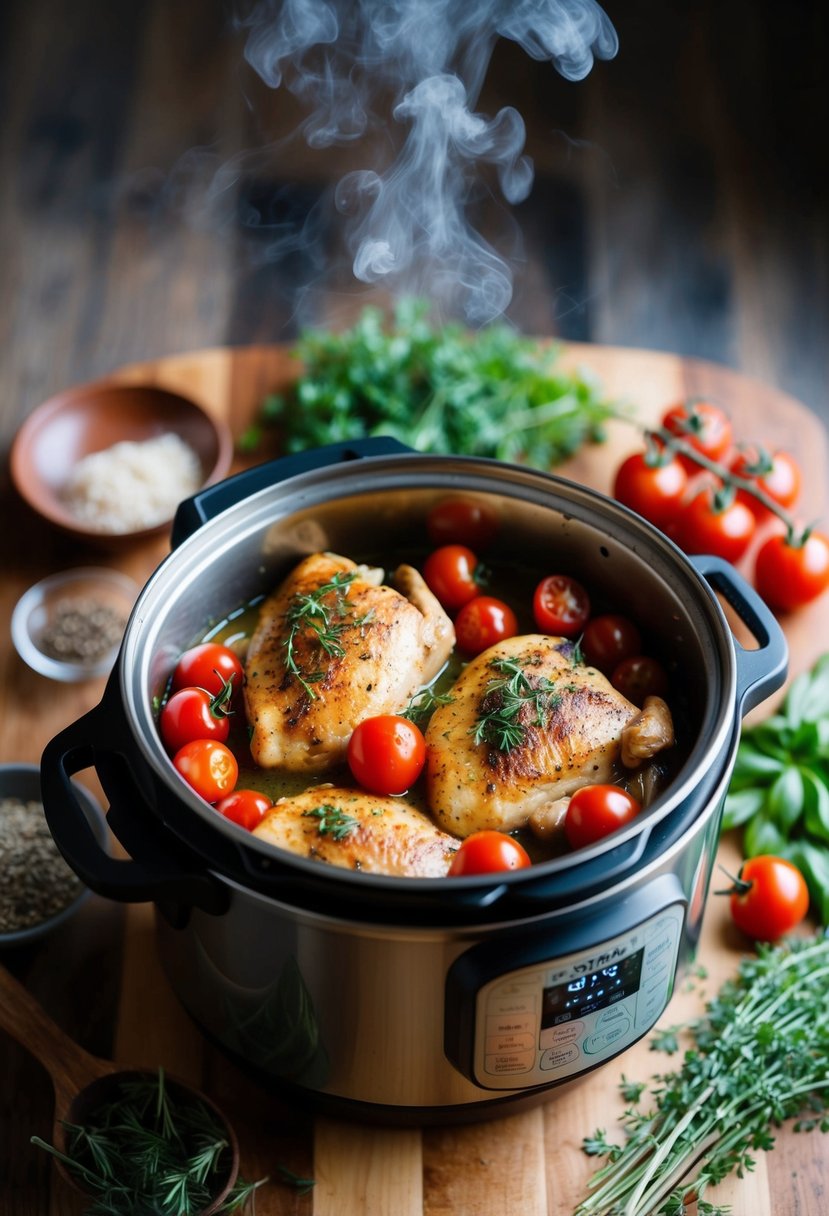 A steaming Instant Pot filled with Tuscan chicken and cherry tomatoes, surrounded by fresh herbs and spices