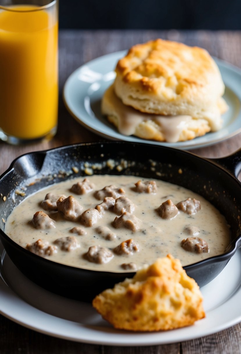 A skillet with creamy sausage gravy bubbling, next to a golden-brown biscuit on a plate