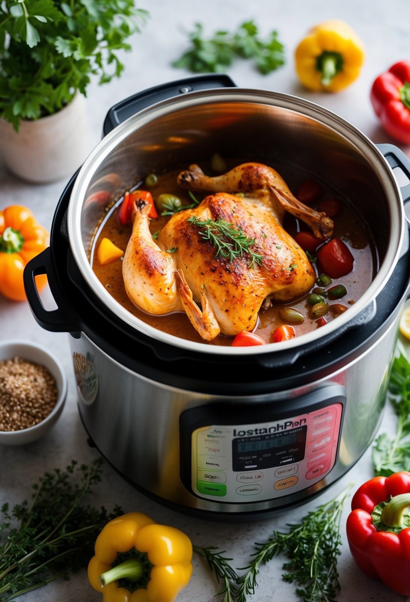 A steaming instant pot filled with roasted red pepper Tuscan chicken, surrounded by fresh herbs and colorful vegetables