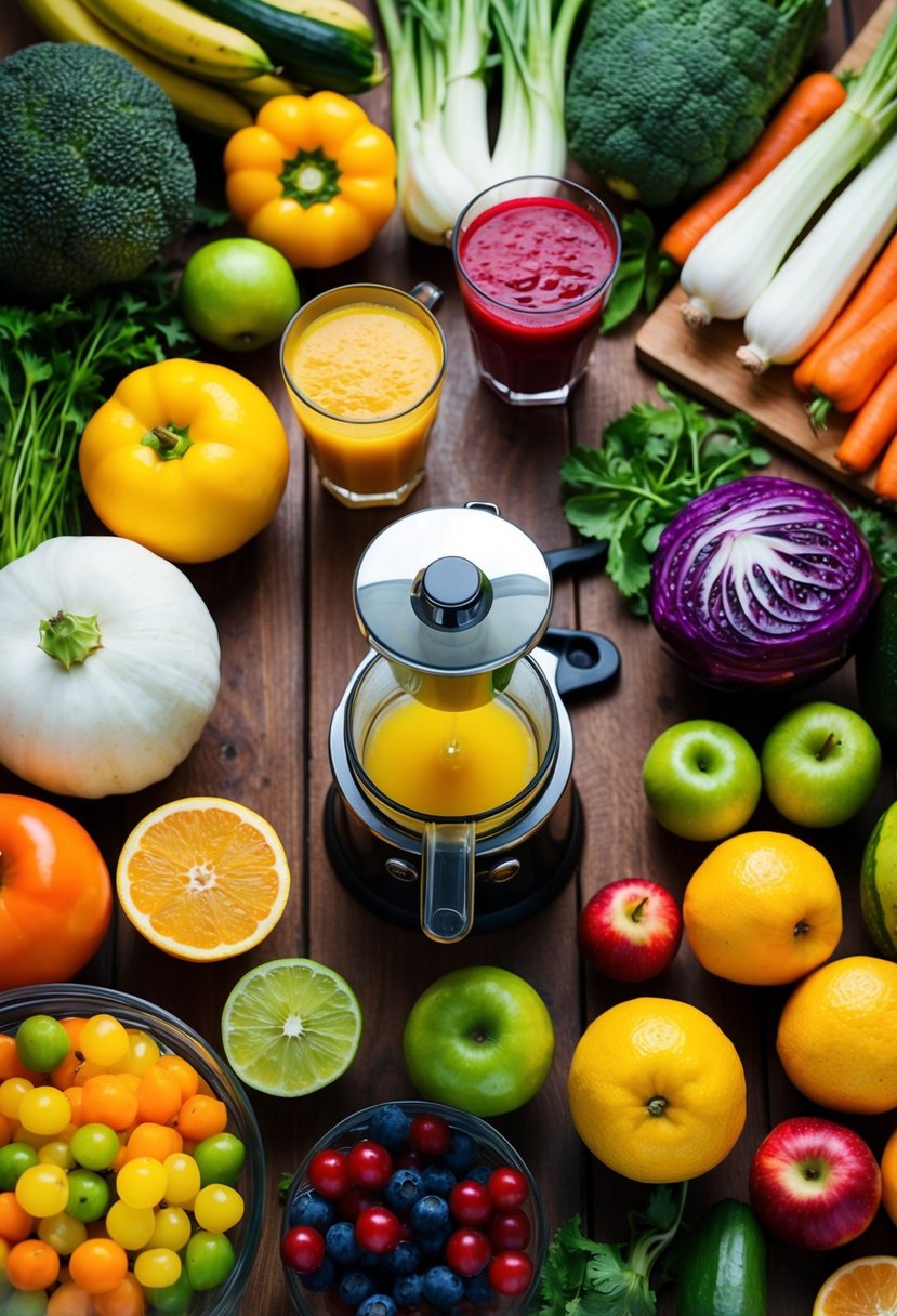 A variety of fresh fruits and vegetables arranged on a wooden table, surrounded by a juicer, cutting board, and a glass filled with colorful juice