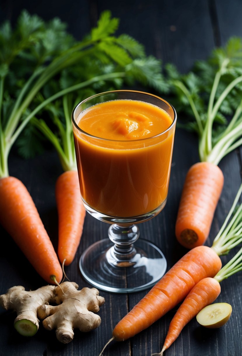 A glass of carrot and ginger juice surrounded by fresh carrots and ginger root