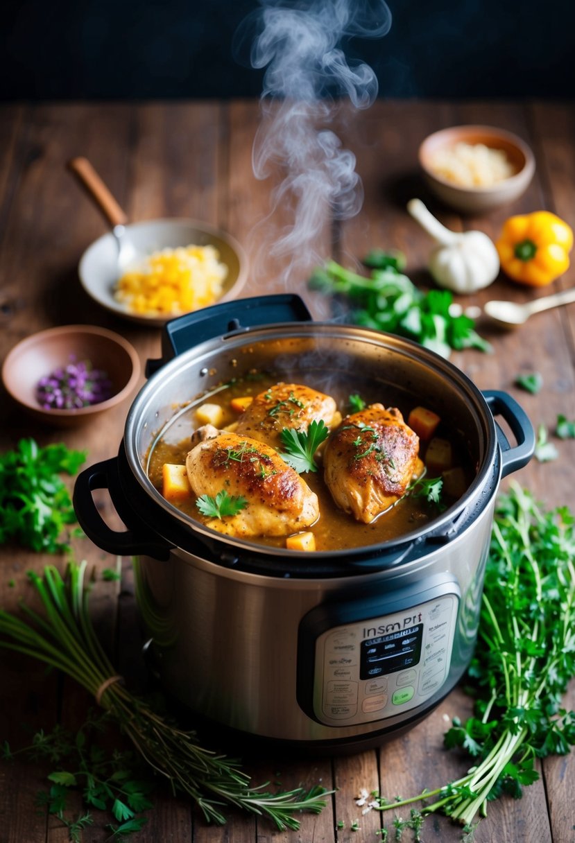 A steaming Instant Pot with chicken marsala surrounded by fresh herbs and vegetables on a rustic wooden table