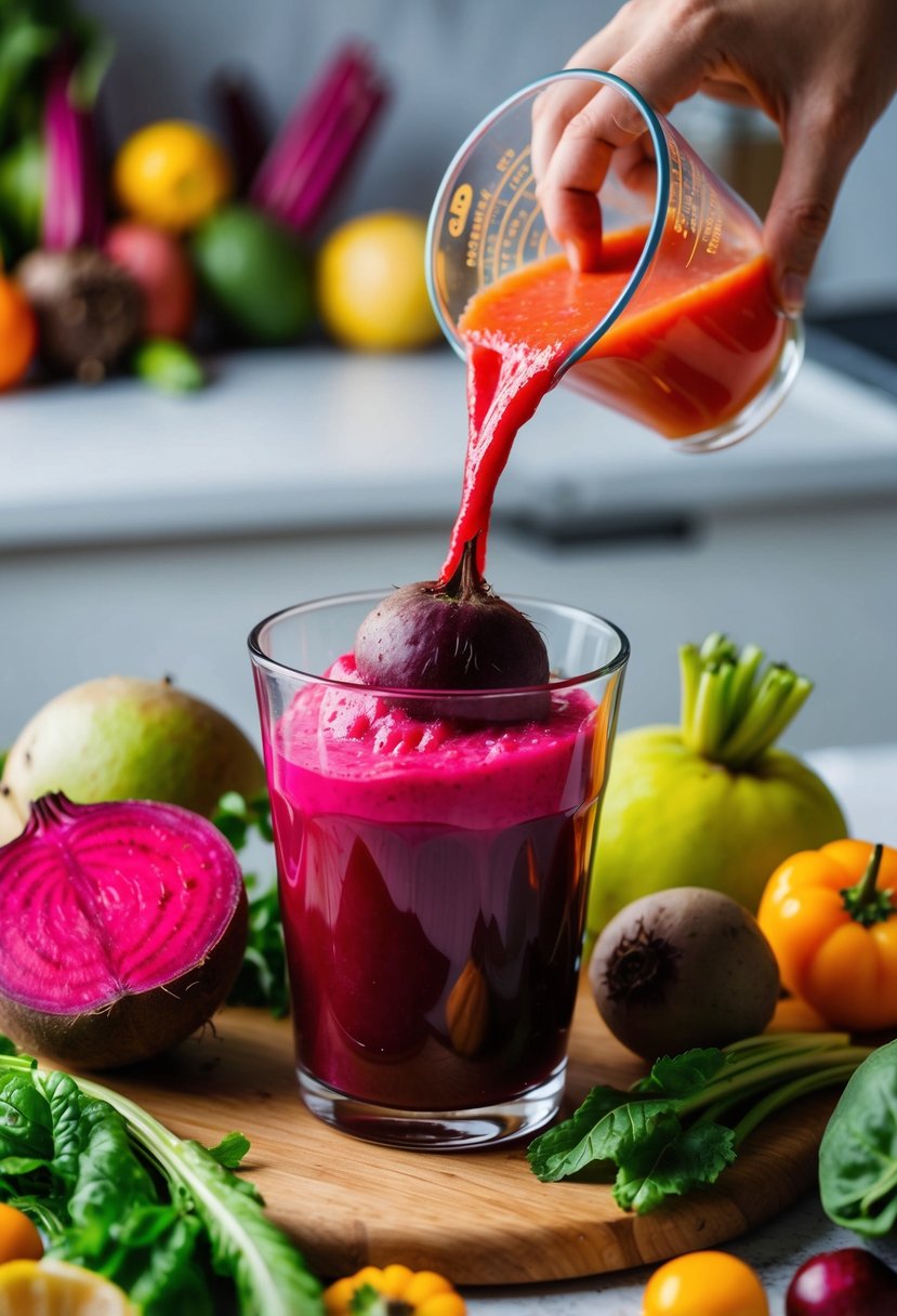 A vibrant beetroot being juiced with other fresh ingredients, surrounded by colorful fruits and vegetables