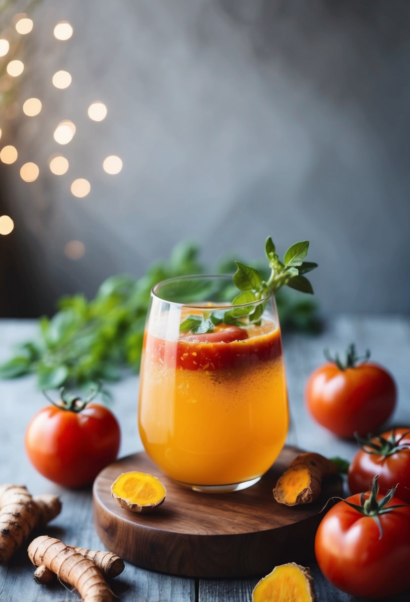 A glass of Tomato Turmeric Tonic surrounded by fresh tomatoes and turmeric roots