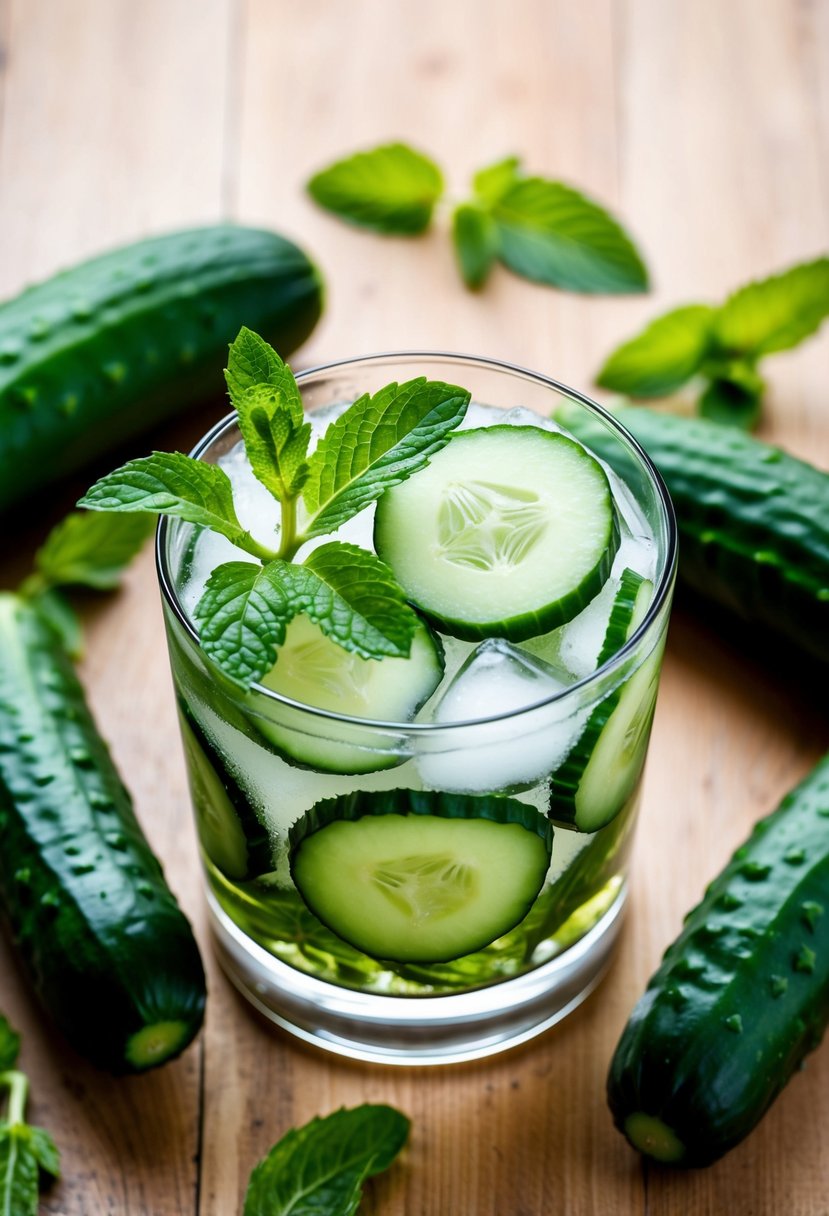 A glass filled with cucumber, mint leaves, and ice, surrounded by fresh cucumbers and mint sprigs