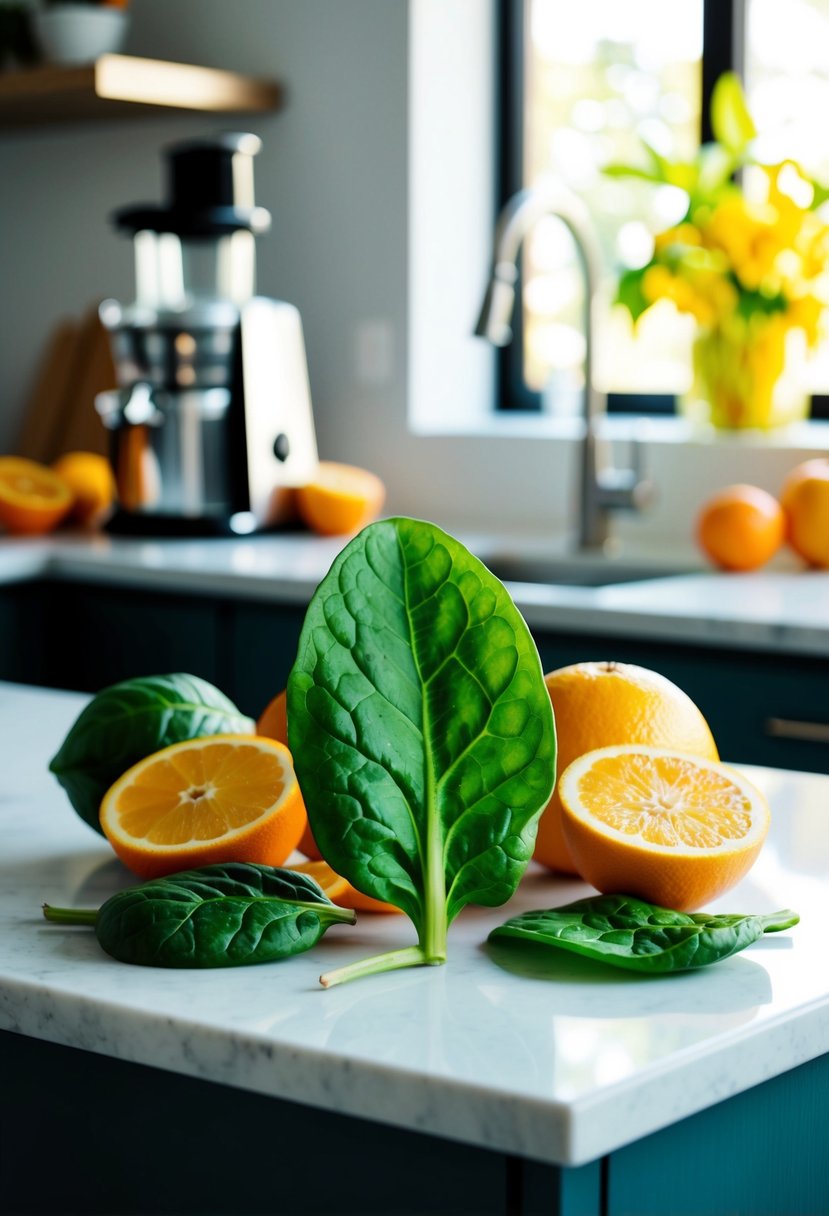 A vibrant green spinach leaf surrounded by fresh citrus fruits and a juicer on a clean kitchen counter