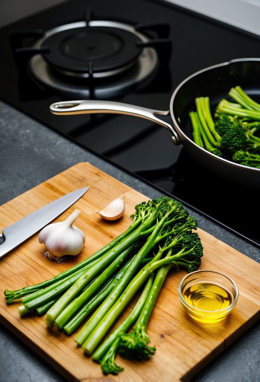 A cutting board with broccolini, garlic, and olive oil beside a skillet on a stovetop