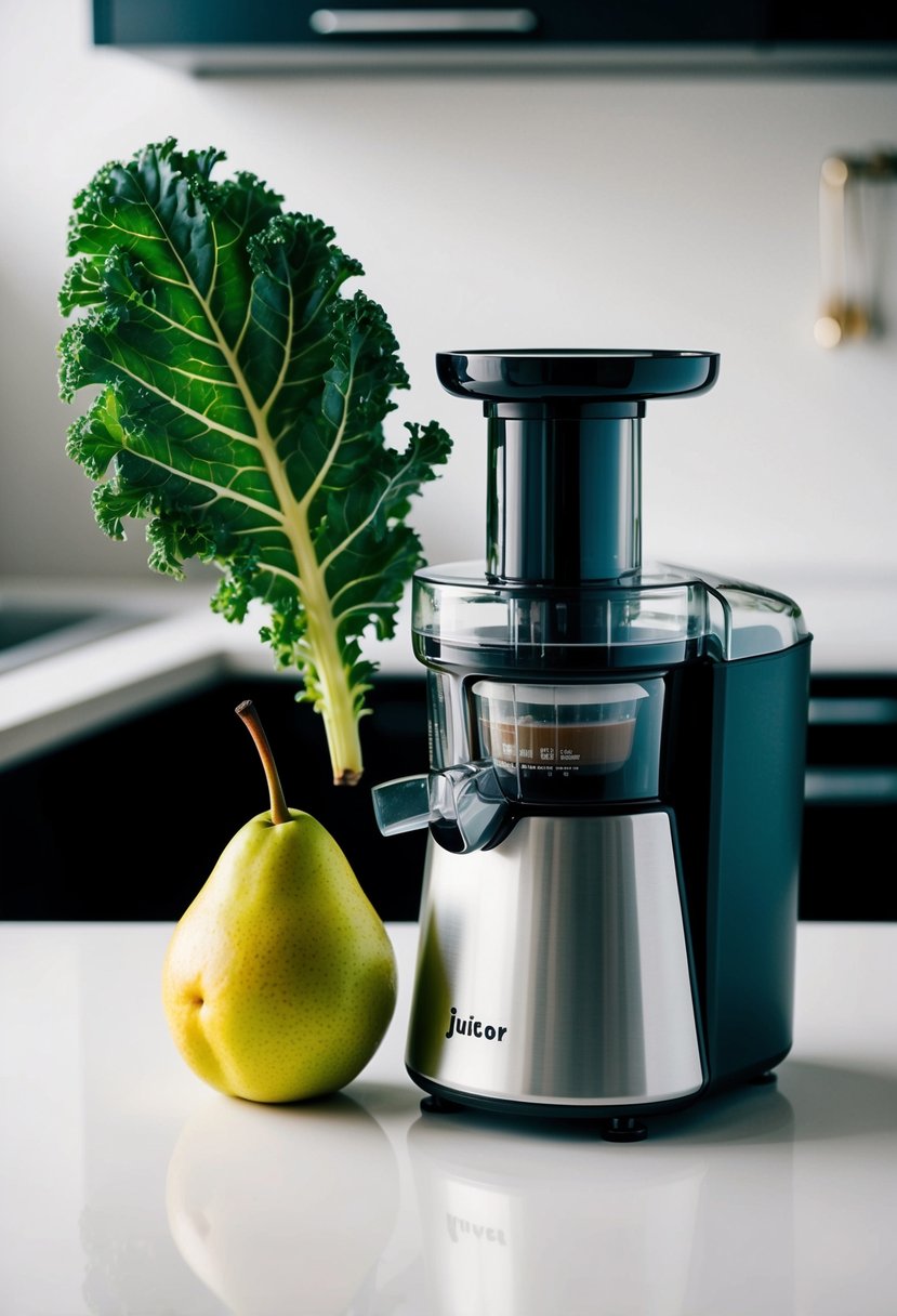 A vibrant green kale leaf and a ripe, juicy pear placed next to a sleek, modern juicer on a clean, white countertop