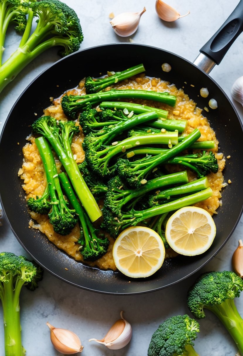 A sizzling pan of broccolini stir-fry with garlic and lemon, surrounded by fresh broccolini and scattered garlic cloves