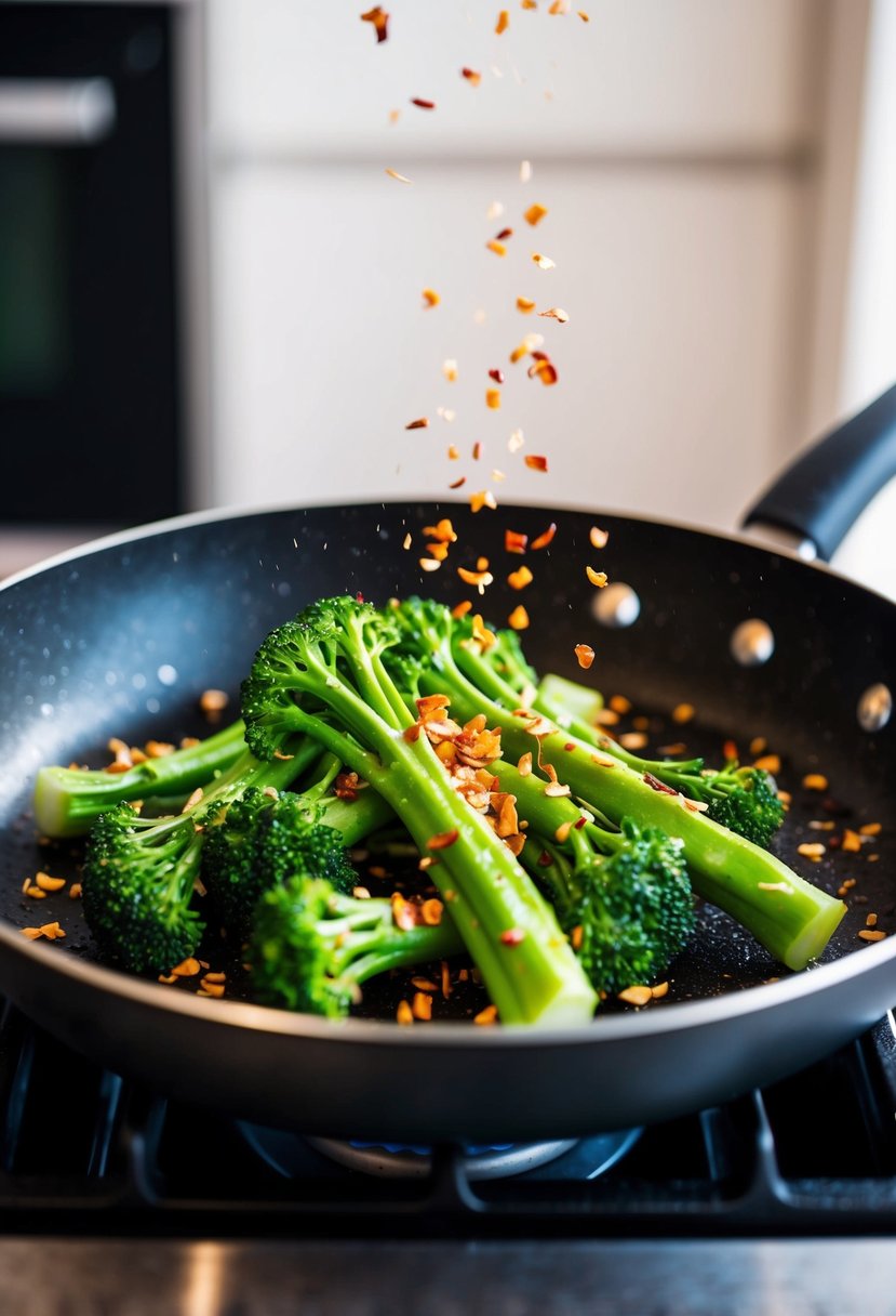 Broccolini sizzling on a hot pan with chili flakes sprinkled on top, emitting a spicy aroma