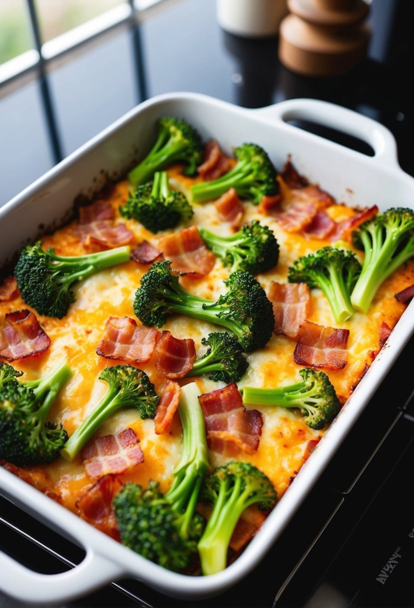 A baking dish filled with broccolini, bacon, and melted cheese, fresh out of the oven