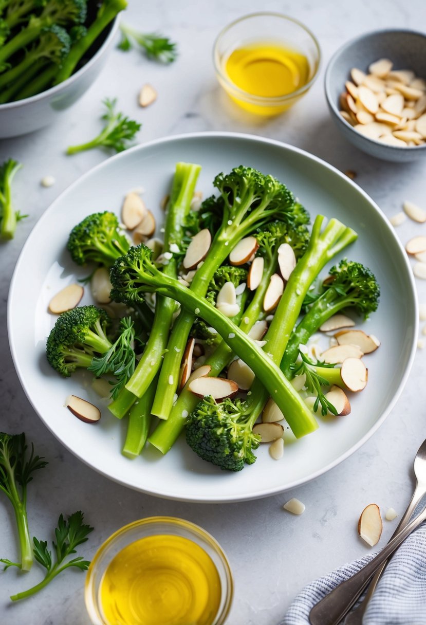 A vibrant broccolini and almond salad arranged on a white plate, with fresh green broccolini, sliced almonds, and a light dressing