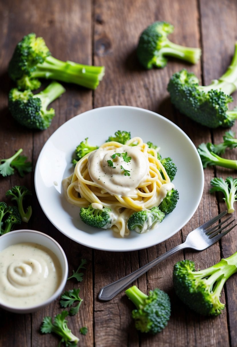 A plate of Keto Broccolini Alfredo on a rustic wooden table, surrounded by fresh broccolini and a creamy alfredo sauce