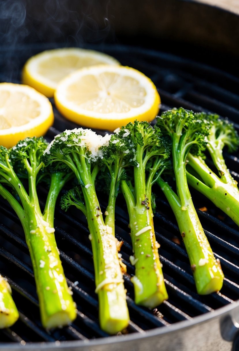 Grilled broccolini topped with lemon and parmesan on a sizzling hot grill